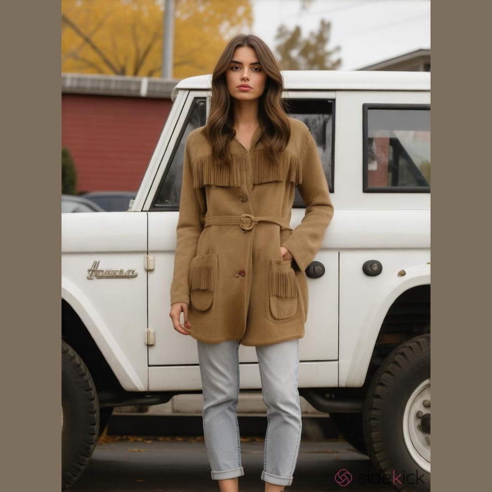 Vintage Californian Tan suede Leather Fringe Hippie Unisex Belted Jacket